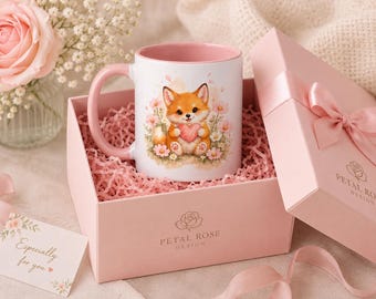 Niedliche Fuchs-Blumentasse, Geschenk für Fuchsliebhaber, Aquarell-Fuchs-Kaffeetasse, Tasse mit rosa Akzenten, Waldtier-Tasse, Geschenk für Sie