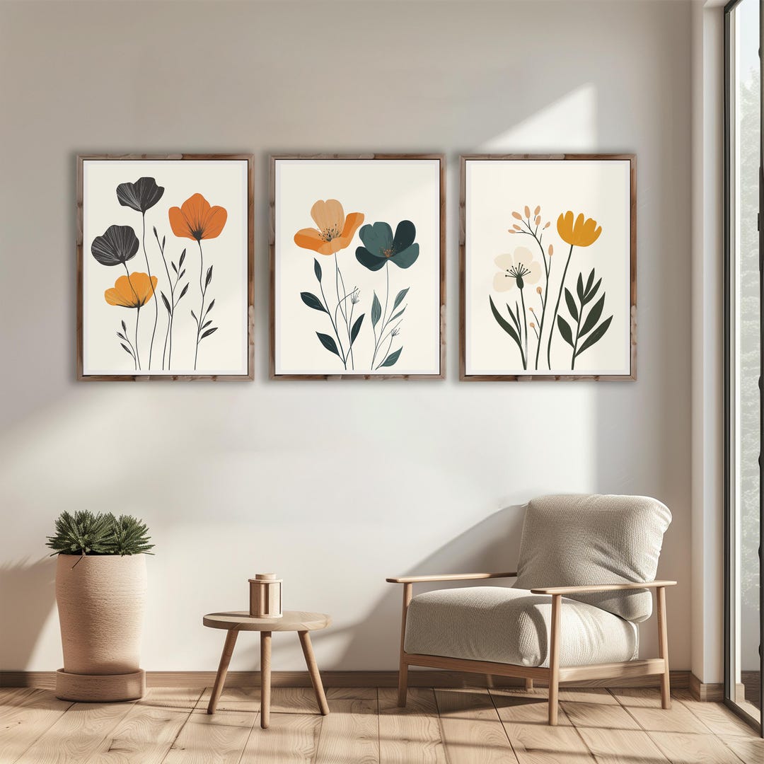 Boho Flower Wall Art Set of 3 Bohemian Flowers Modern Home Decor. - Etsy