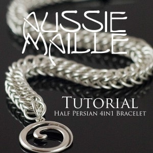 May include: A silver chainmail bracelet with a silver charm in the shape of a spiral. The bracelet is made using the Half Persian 4in1 technique. The image includes the text "Aussie Maille Tutorial Half Persian 4in1 Bracelet".