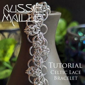 May include: A silver Celtic lace bracelet tutorial. The bracelet is made of small, interconnected rings, creating a delicate and intricate pattern.