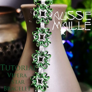 May include: A green and silver chainmail bracelet with a star-shaped design. The bracelet is called "Vipera Star Bracelet" and is part of a tutorial.