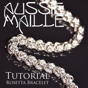 May include: A silver chain bracelet with a woven design. The bracelet is called a "Rosetta Bracelet" and is part of a tutorial.
