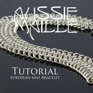May include: A silver chainmail bracelet tutorial for an European 4 in 1 bracelet. The image shows a close-up of the chainmail bracelet.