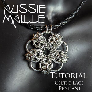 May include: A silver Celtic lace pendant with a flower design, hanging from a black leather cord. The pendant is a tutorial for making a Celtic lace pendant.