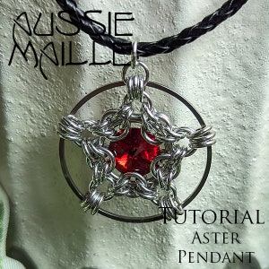 May include: A silver chainmail pendant with a red gemstone in the center, surrounded by a silver ring. The pendant is attached to a black leather cord. The text "TUTORIAL ASTER PENDANT" is visible below the pendant.