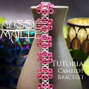 May include: A pink and silver chainmail bracelet with a tutorial for a Camelot bracelet.
