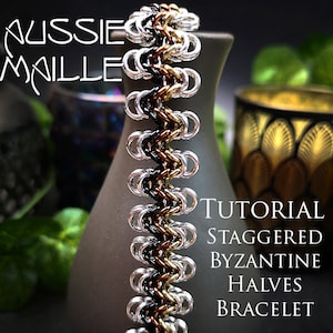May include: A tutorial for making a bracelet using the staggered Byzantine halves technique. The bracelet is made with silver, gold, and black jump rings.