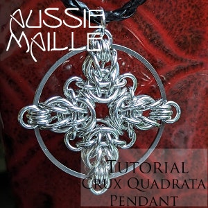 May include: Silver chainmail pendant in the shape of a cross, with a circular frame. The pendant is on a red background with the text "Tutorial Crux Quadrata Pendant".