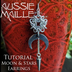 May include: Silver chain earrings with a star and crescent moon design. The earrings are hanging from a red background. The text "TUTORIAL MOON & STARS EARRINGS" is at the bottom of the image.