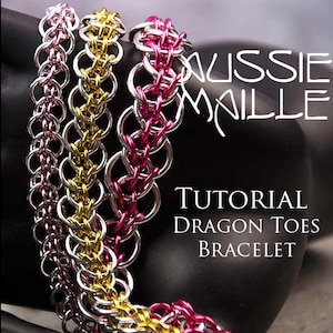 May include: Three chainmail bracelets in pink, gold, and silver. The bracelets are made of small metal rings woven together in a pattern called "Dragon Toes". The image includes the text "Aussie Maille Tutorial Dragon Toes Bracelet".