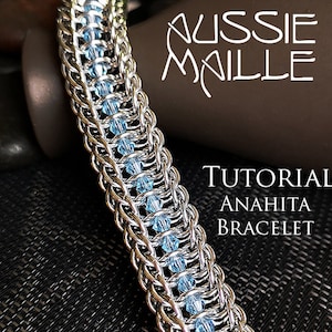 May include: A silver chainmail bracelet with blue beads, titled "Aussie Maille Tutorial Anahita Bracelet".