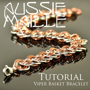 May include: A tutorial for making a Viper Basket bracelet using two different coloured metal wires. The bracelet is made of a series of interlocking rings, creating a unique and intricate design.