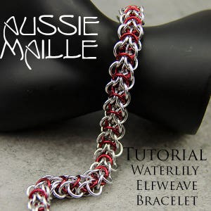 May include: A red and silver chainmail bracelet, known as a Waterlily Elfweave bracelet. The bracelet is on a black mannequin. The text "TUTORIAL WATERLILY ELFWEAVE BRACELET" is below the bracelet.