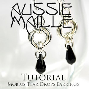 May include: A tutorial for making Mobius Tear Drop Earrings. The earrings are made with silver wire and feature black teardrop-shaped crystals.
