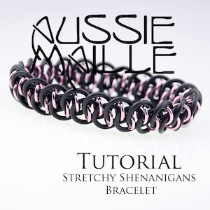 May include: A black and pink stretchy bracelet with the text "TUTORIAL STRETCHY SHENANIGANS BRACELET" below it.