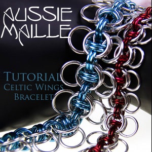 May include: A close-up of a Celtic Wings bracelet made with silver, blue, and red metal rings. The bracelet is a chainmail design with a woven pattern. The image includes the text "Aussie Maille Tutorial Celtic Wings Bracelet".