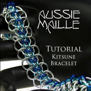 May include: A silver and blue chainmail bracelet with a tutorial for making a Kitsune bracelet. The tutorial is titled "Aussie Maille".