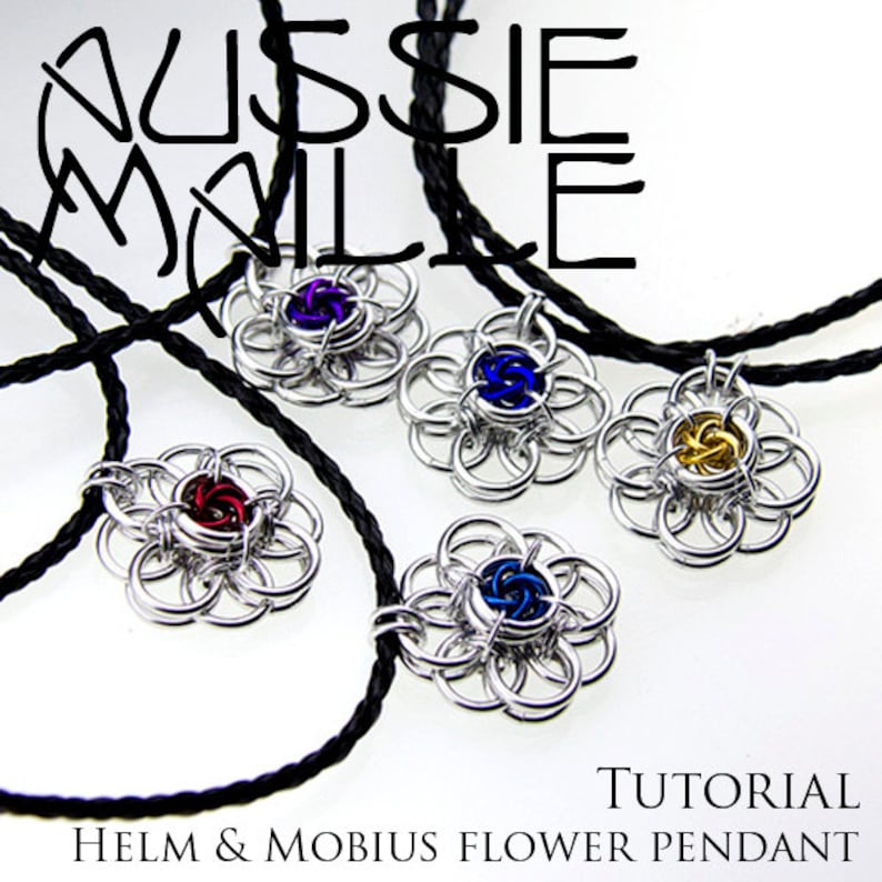 May include: Tutorial for making a Helm & Mobius Flower Pendant. Five silver pendants are shown, each with a different colored center: purple, blue, gold, red, and blue. The pendants are hanging from black cords.