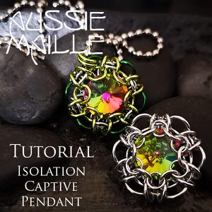 May include: Two silver and green metal pendants with a crystal in the center. The pendants are on a black background with the text "Tutorial Isolation Captive Pendant".