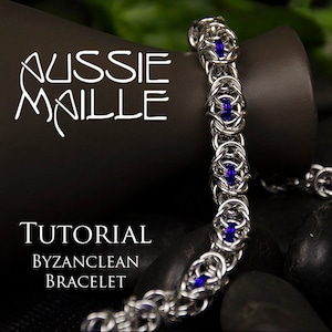 May include: A silver chainmail bracelet with blue beads, titled "Aussie Maille Tutorial Byzclean Bracelet".