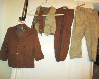 Vintage 60s Boys Brown Plaid 4 pc Suit 2 Pants Reversible Vest Jacket Small