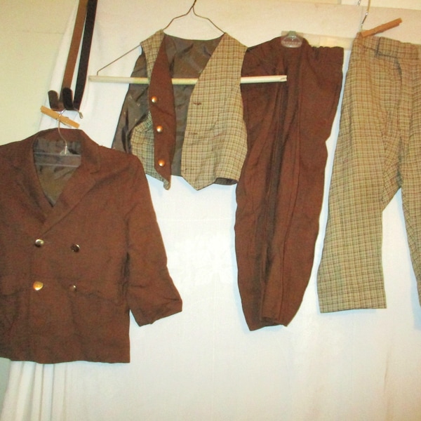 Vintage 60s Boys Brown Plaid 4 pc Suit 2 Pants Reversible Vest Jacket Small