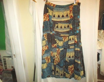 Vintage 90s Beige Blue Crinkle Gauze Gypsy Broomstick Skirt L Southwestern As Is