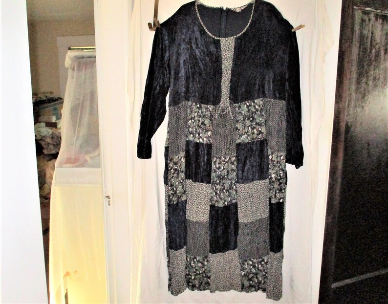 Vintage 90s Blue Patchwork Rayon Boho Dress sz 3X Long Sleeve Velvet