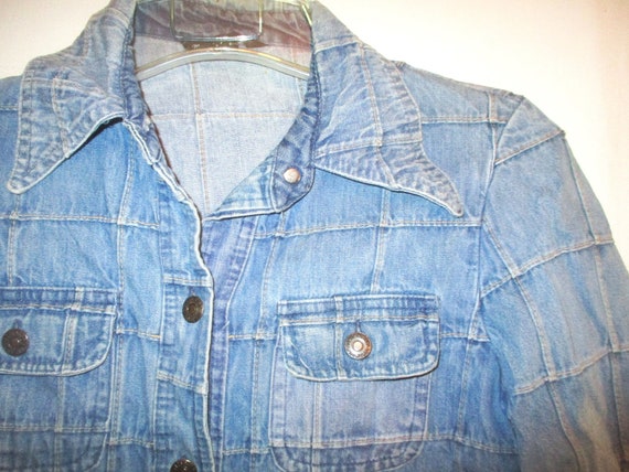 Vintage 70s Ladies Stitched Check Denim Shirt S B… - image 2