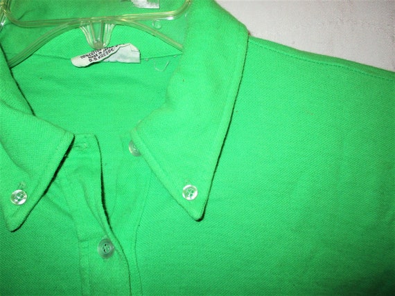 Vintage 60s Green Knit Ladies Polo Shirt L Short … - image 2