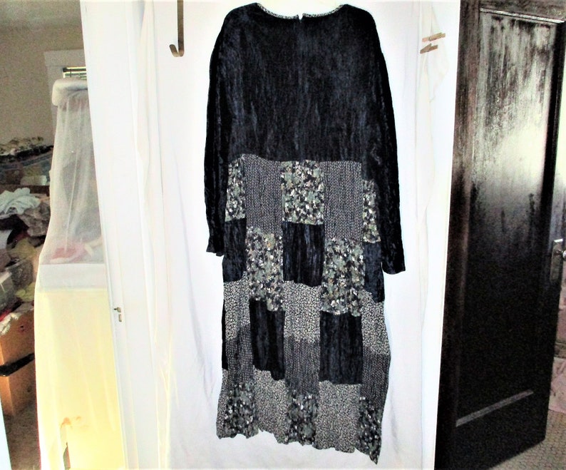 Vintage 90s Blue Patchwork Rayon Boho Dress sz 3X Long Sleeve Velvet