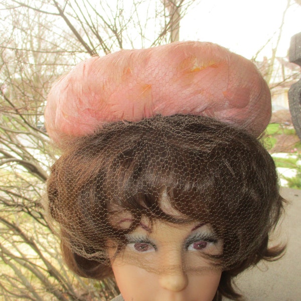 Vintage 60s Pink Feather Ring Hat Bucket Pillbox Net Church Lady As Is