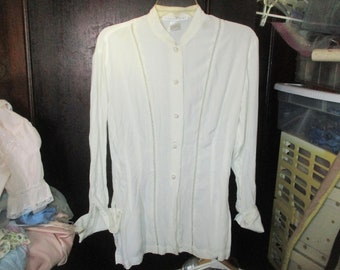 Vintage 90s Ladies White Rayon Inset Stripe Shirt S Button Up French Cuffs