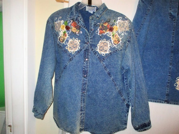 Vintage 80s Ladies 2 Pc Skirt Shirt Suit Blue Den… - image 2