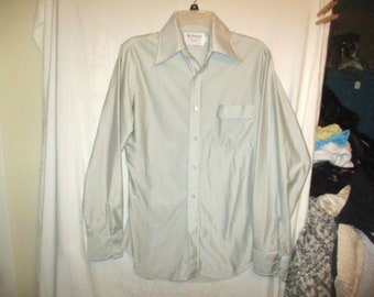 Vintage Gray Green Slick Qiana Knit Disco Mens Button Up Shirt M - 33 Long Sleeve