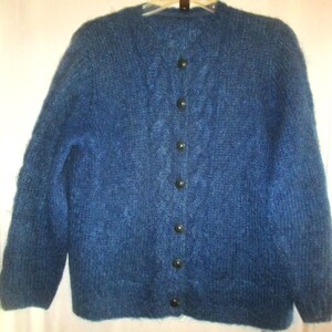 Vintage 60s Navy Blue Fuzzy Mohair Cable Knit Cardigan