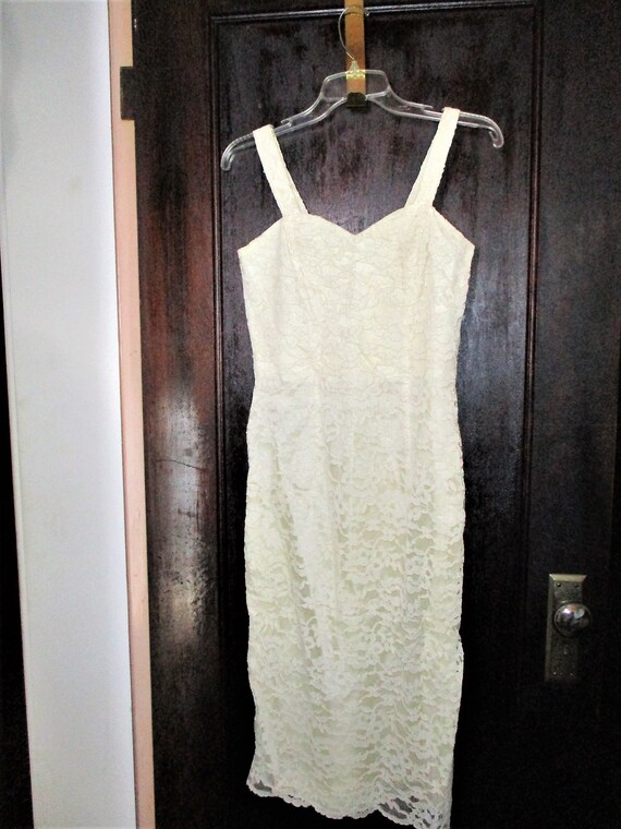 Vintage 80s Cream White Lace Sheath Dress S Tank - image 3