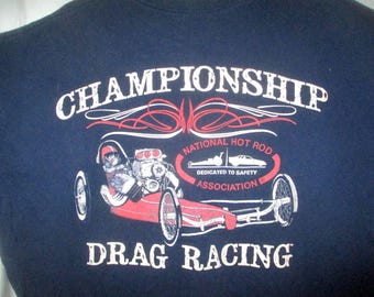 Vintage NHRA Drag Racing Navy Blue TShirt XL Cotton Pocket