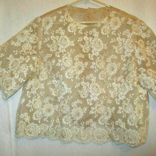 Vintage 60s Ladies Sheer Beige Blouse Short Sleeve L Nylon Chiffon Lace