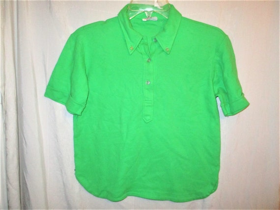 Vintage 60s Green Knit Ladies Polo Shirt L Short … - image 1