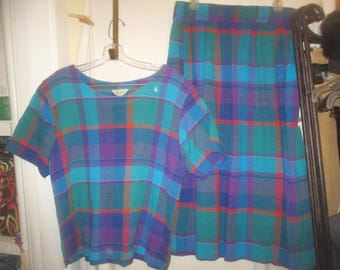 Vintage 80s 2 Pc Cotton Crinkle Green Plaid Top Skirt Ladies Suit 2X Short Sleeve