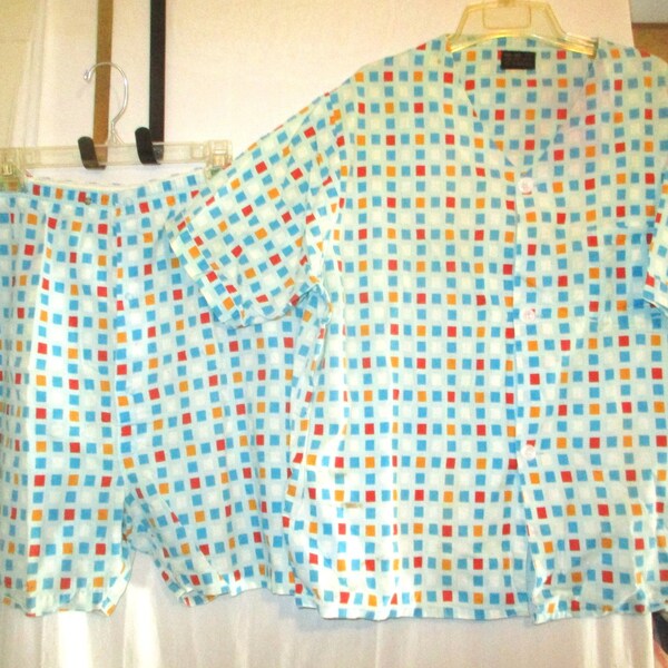 Vintage 60s Mens 2 pc Boxer Shorts Pajamas Set XL Blue Check As Is Sears