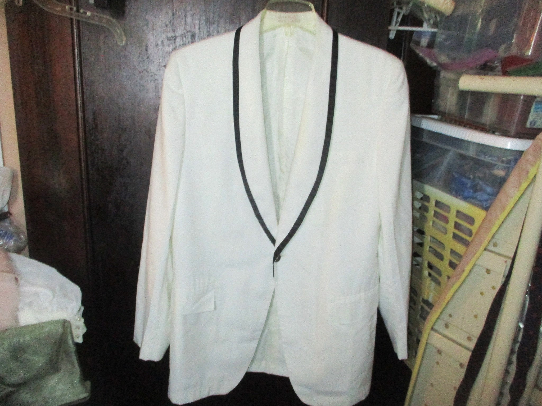 Vintage 80s White Black Shawl Collar Tux Dinner Jacket 40 Long Tuxedo