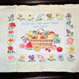 Vintage Cross Stitch Bless Us Lord Sampler Finished  Leewards As Is