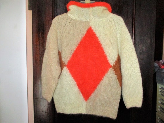 Vintage 60s Mod Ladies Beige Orange Argyle Pullov… - image 4