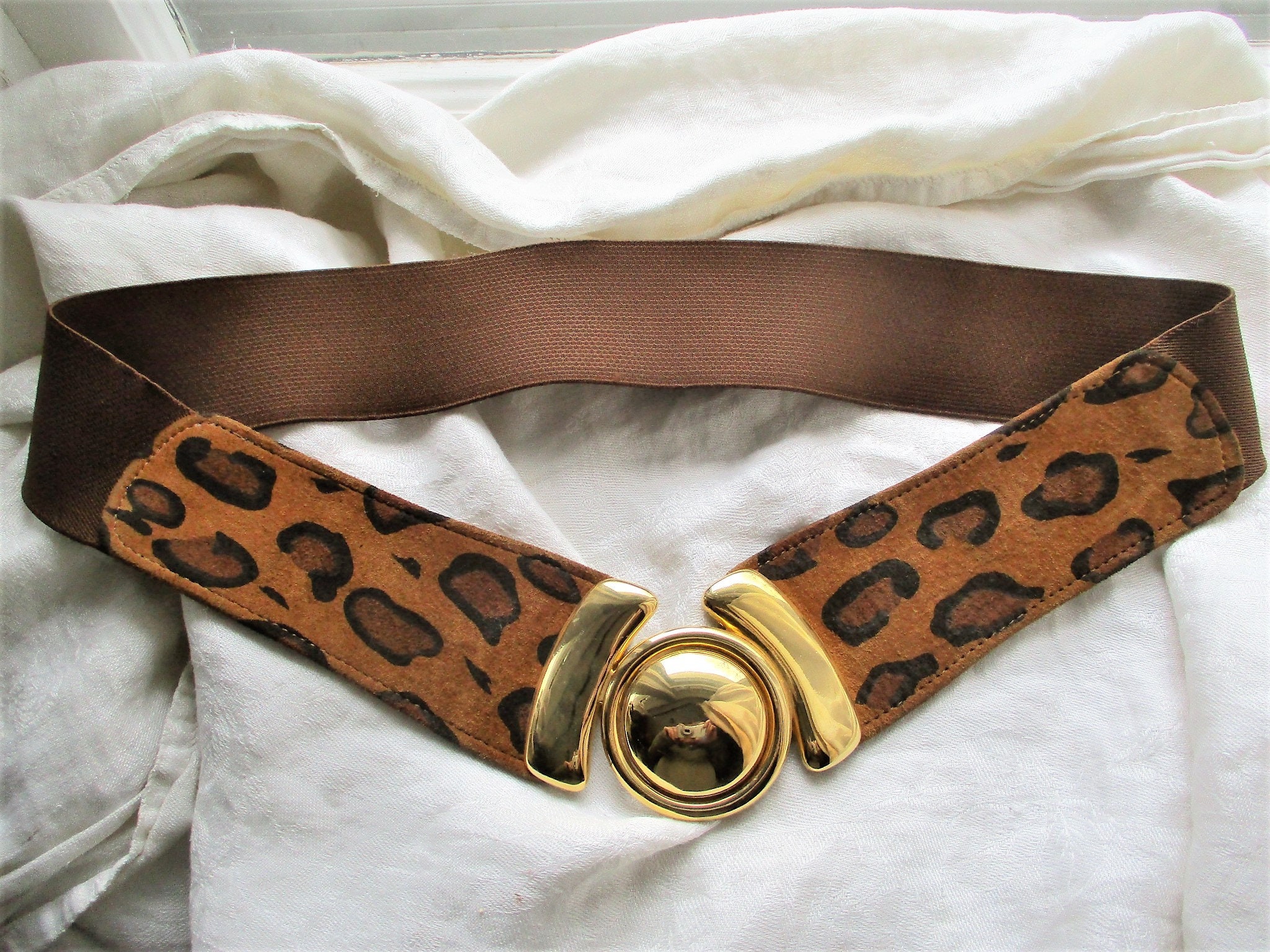 Vintage gold leopards 80s wide belt black Austrian Vintage Leopard Print Rhinestone Belt: Leather Rock Glam  main image 3