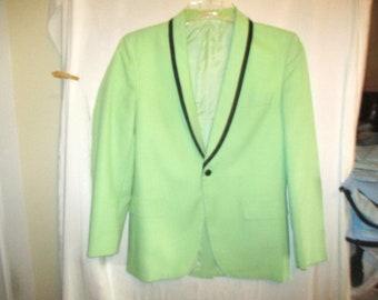 Vintage 70s Mens Green Poly Tux Jacket 36 S Mod Dumb & Dumber Tuxedo Black Trim