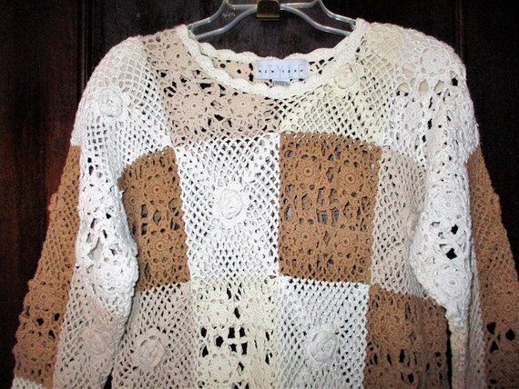 Vintage 90s Crochet Granny Square Beige Patchwork… - image 3