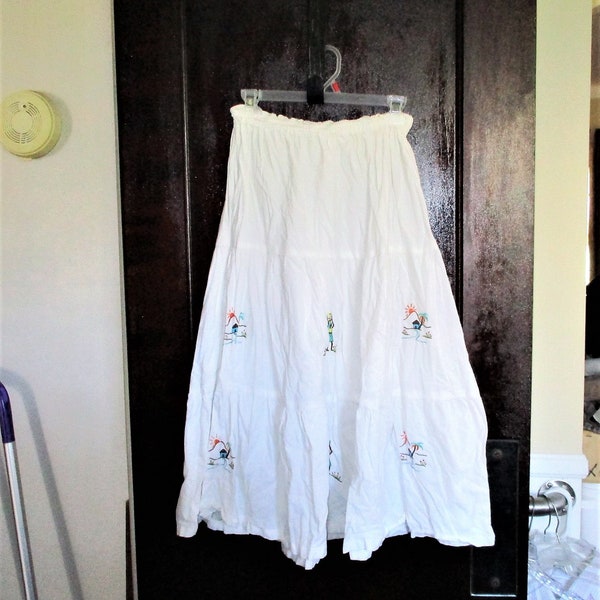 Vintage 70s White Cotton Tiered Peasant Skirt Embroidery Native Small