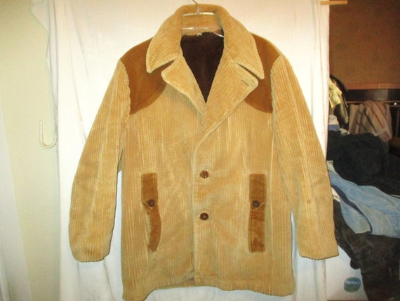 Vintage 70s Beige Corduroy Mens Coat M Plush Lini… - image 1